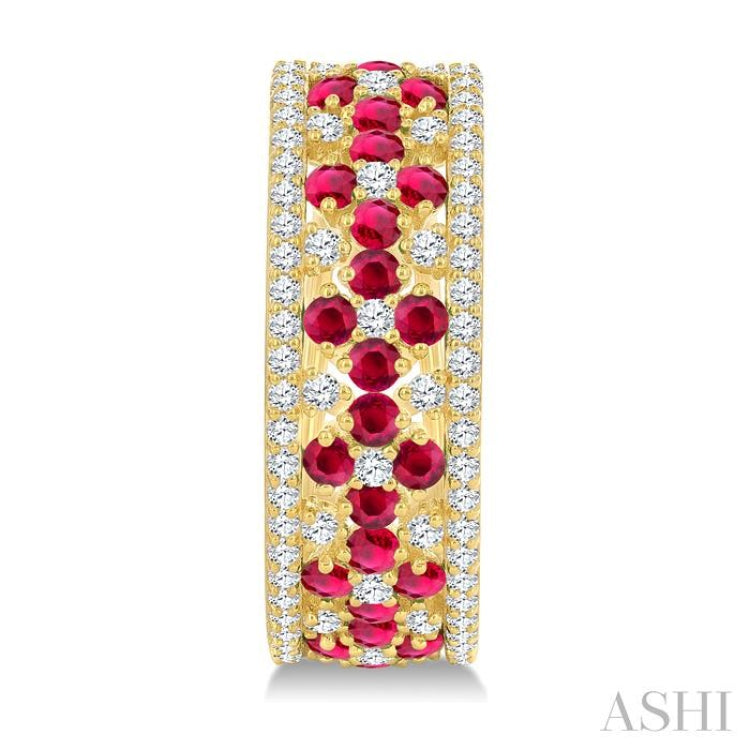 3/4 Ctw Floral Panel 1.80MM Round Cut Ruby and Round Cut Diamond Precious Hoop Earring in 14K Yellow Gold