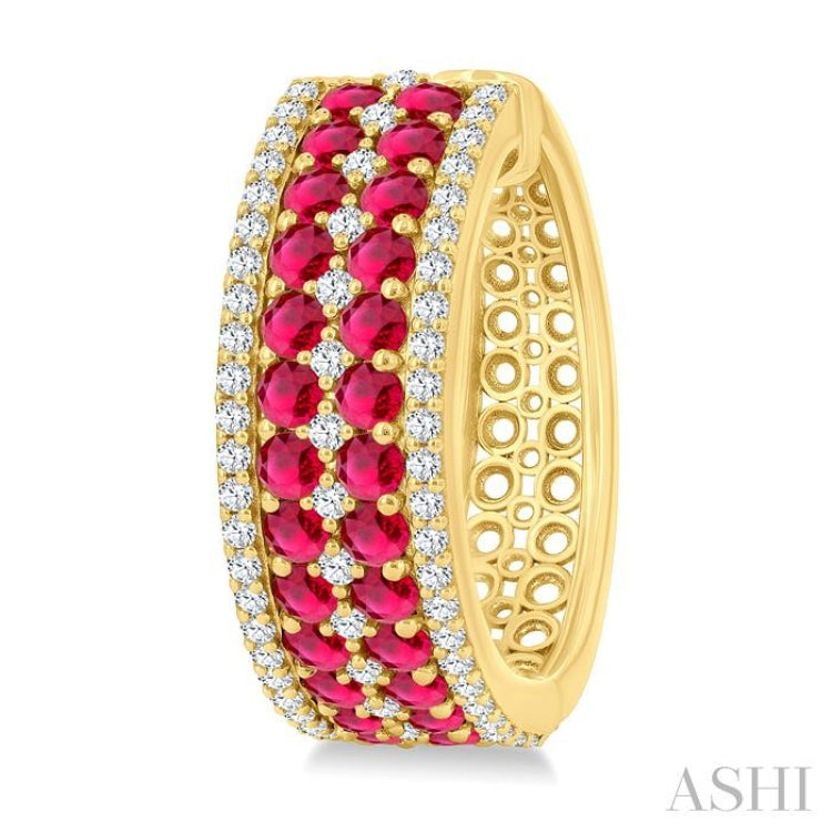 3/4 Ctw 2.00MM Round Cut Ruby and Round Cut Diamond Precious Hoop Earring in 14K Yellow Gold