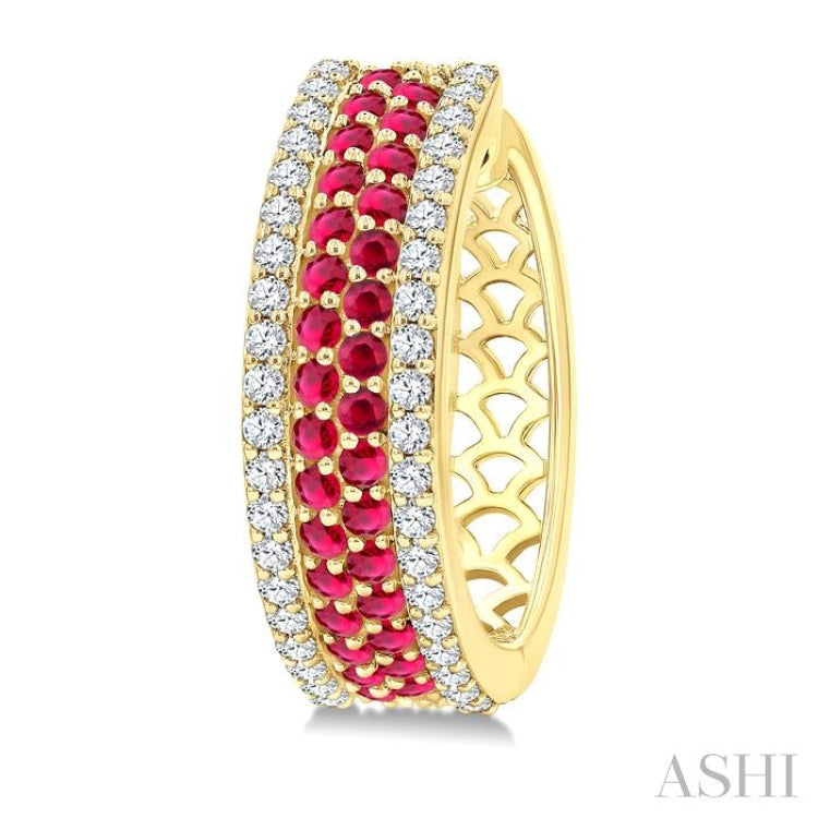 5/8 Ctw Twin Row 1.50MM Round Cut Ruby and Round Cut Diamond Precious Hoop Earring in 14K Yellow Gold