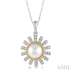 7x7 MM Round Shape Cultured Pearl and 1/8 Ctw Sunflower Round Cut Diamond Pendant With Chain in 10K White and Yellow Gold