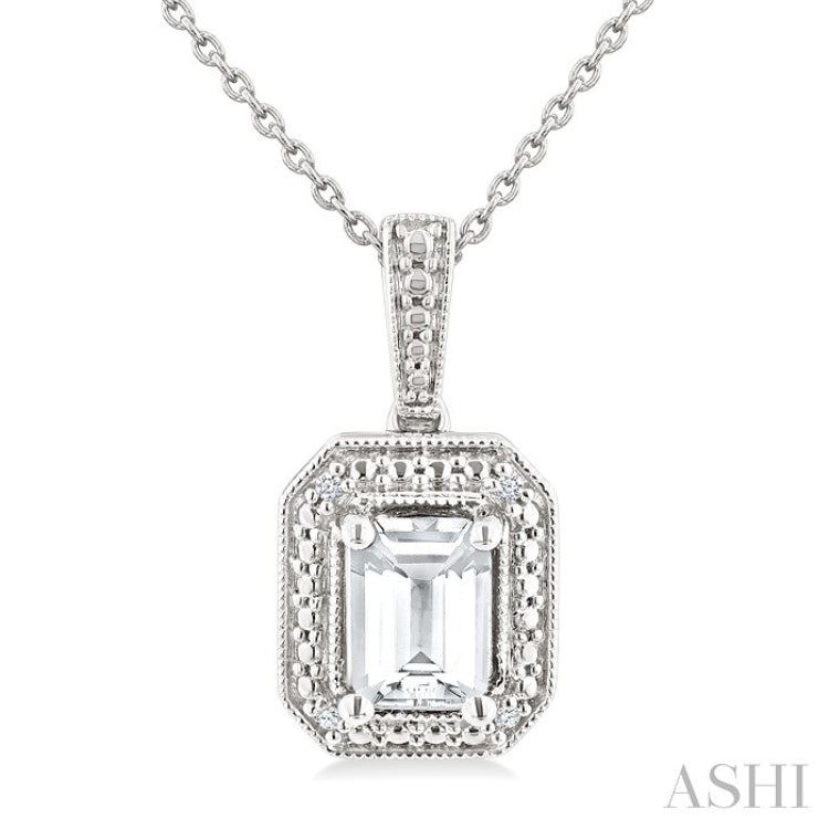 7X5 MM Octagon Shape White Topaz and 1/50 Ctw Round Cut Diamond Semi-Precious Pendant With Chain in Sterling Silver