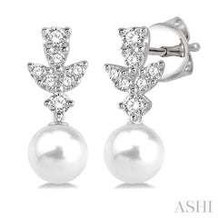 8 MM Cultured Pearls and 1/4 Ctw Round Cut Diamond Earrings in 14K White Gold