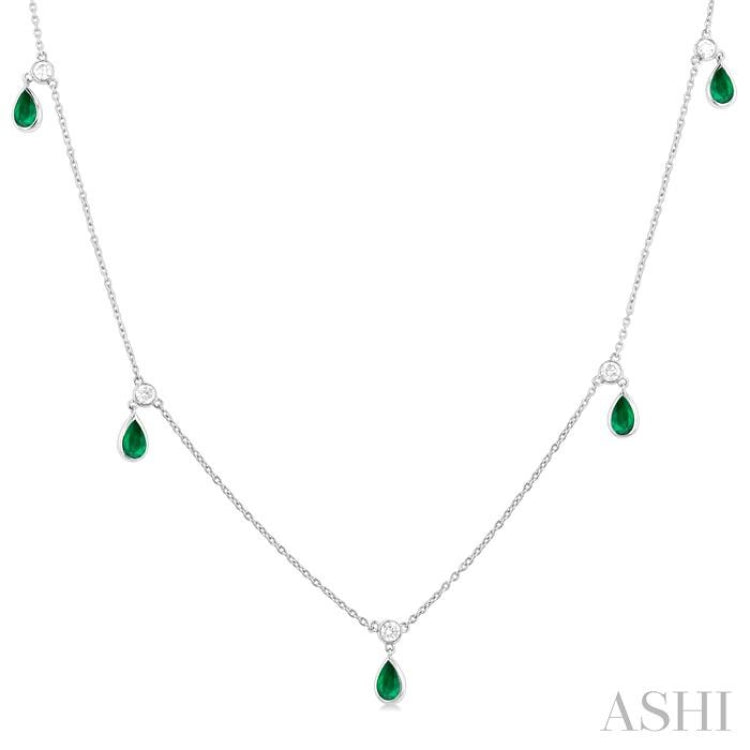 5X3 MM Pear Shape Emerald and 1/4 Ctw Round Cut Diamonds Precious Station Necklace in 14K White Gold