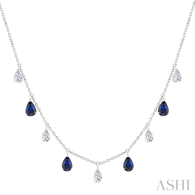 6X4 MM Pear Shape Sapphire and 1 Ctw Pear Cut Diamond Precious Station Necklace in 14K White Gold