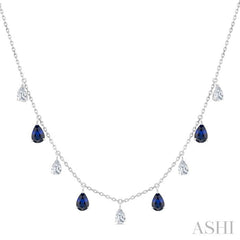 6X4 MM Pear Shape Sapphire and 1 Ctw Pear Cut Diamond Precious Station Necklace in 14K White Gold