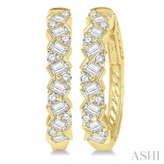 1 Ctw Zigzag Baguette and Round Cut Diamond Hoop Earrings in 14K Yellow Gold