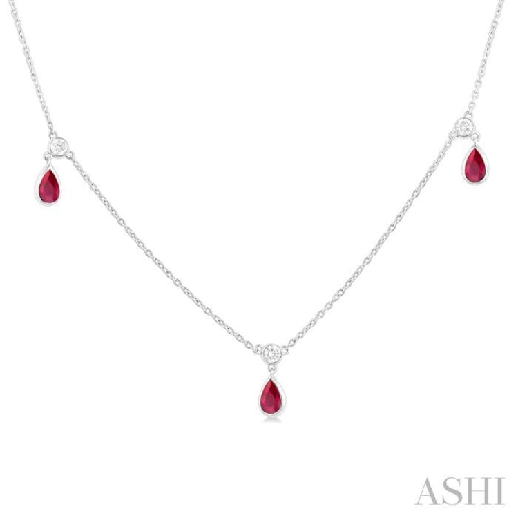 5X3 MM Pear Shape Ruby and 1/4 Ctw Round Cut Diamonds Precious Station Necklace in 14K White Gold