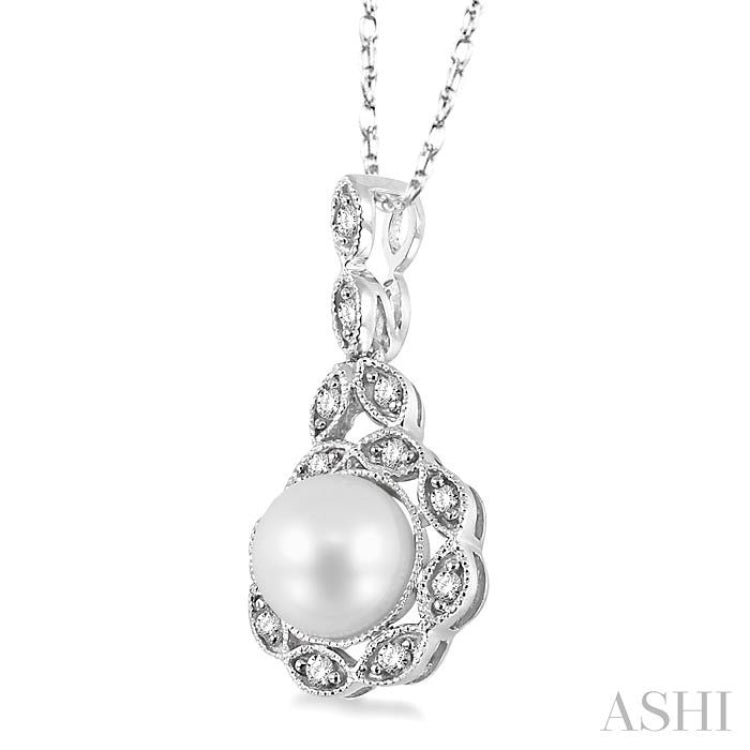 6.5 MM Cultured Pearl and 1/10 Ctw Single Cut Diamond Pendant in 10K White Gold with Chain
