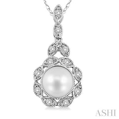 6.5 MM Cultured Pearl and 1/10 Ctw Single Cut Diamond Pendant in 10K White Gold with Chain