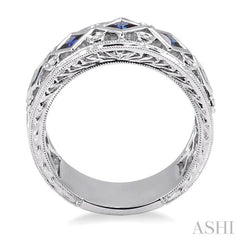3x3 MM Princess Cut Sapphire and 1/4 Ctw Round Cut Diamond Precious Fashion Band in 14K White Gold
