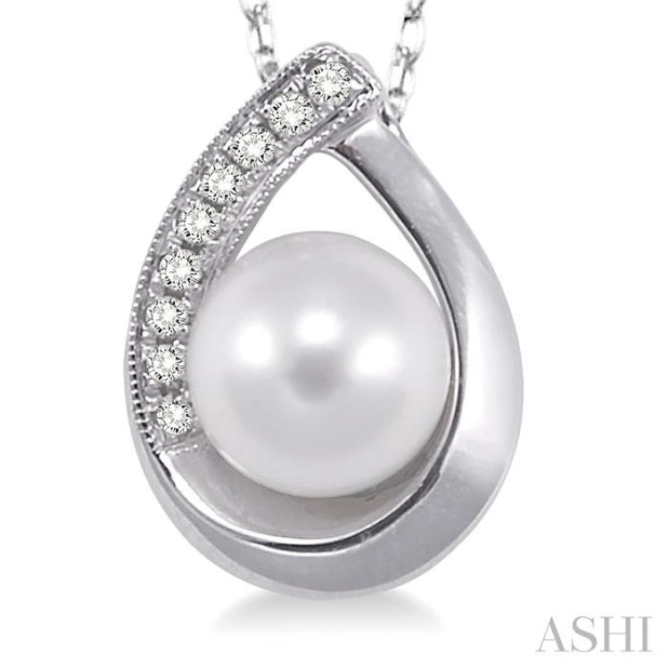 6.5 MM Round Shape Cultured Pearl and 1/20 Ctw Round Cut Diamond Pendant in 14K White Gold with Chain