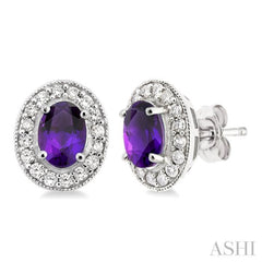 Oval Shape Gemstone & Halo Diamond Earrings