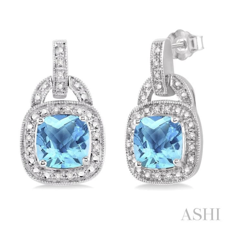 Silver Cushion Shape Gemstone & Diamond Earrings