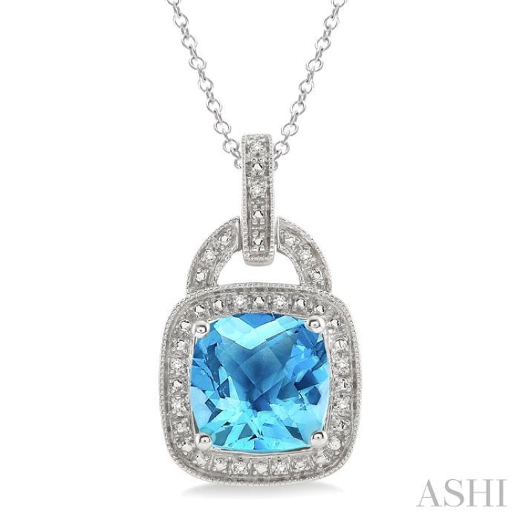 Silver Cushion Shape Gemstone & Diamond Pendant