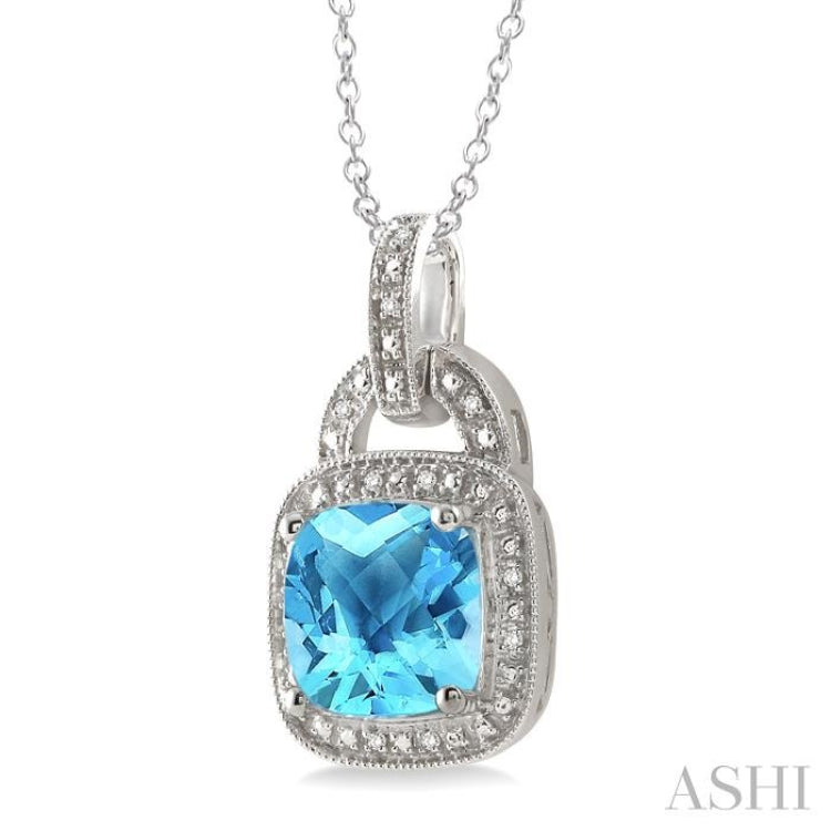 Silver Cushion Shape Gemstone & Diamond Pendant