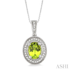 Silver Oval Shape Gemstone & Halo Diamond Pendant