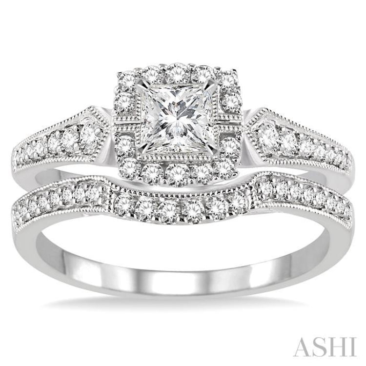 Princess Shape Halo Diamond Wedding Set