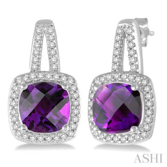 Cushion Shape Gemstone & Halo Diamond Earrings