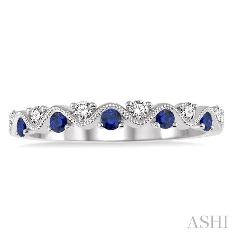1.8 MM Sapphire and 1/6 Ctw Round Cut Diamond Precious Waves Wedding Band in 14K White Gold