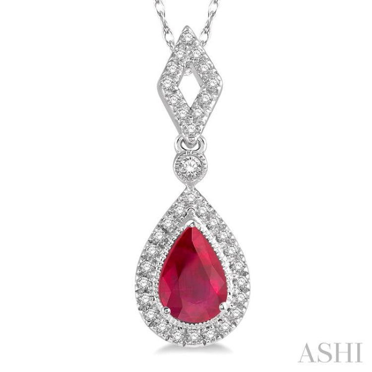 6x4 MM Pear Shape Ruby and 1/6 Ctw Round Cut Diamond Precious Pendant With Chain in 10K White Gold