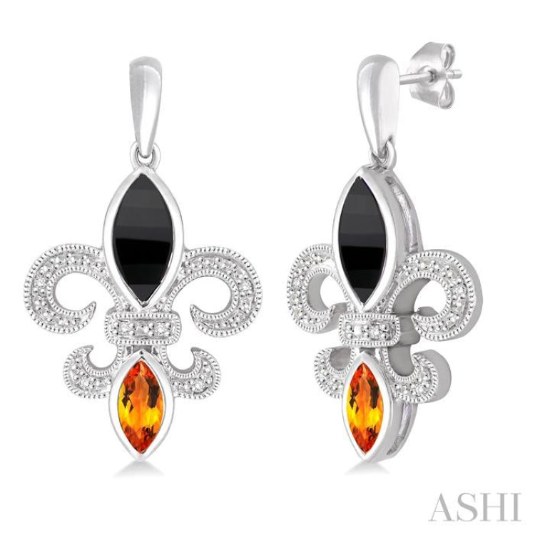 Silver Fleur De Lis Gemstone & Diamond Earrings