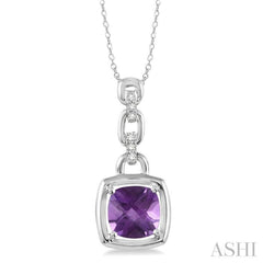 Silver Cushion Shape Gemstone & Diamond Pendant