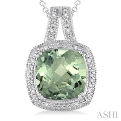 Silver Cushion Shape Gemstone & Diamond Pendant