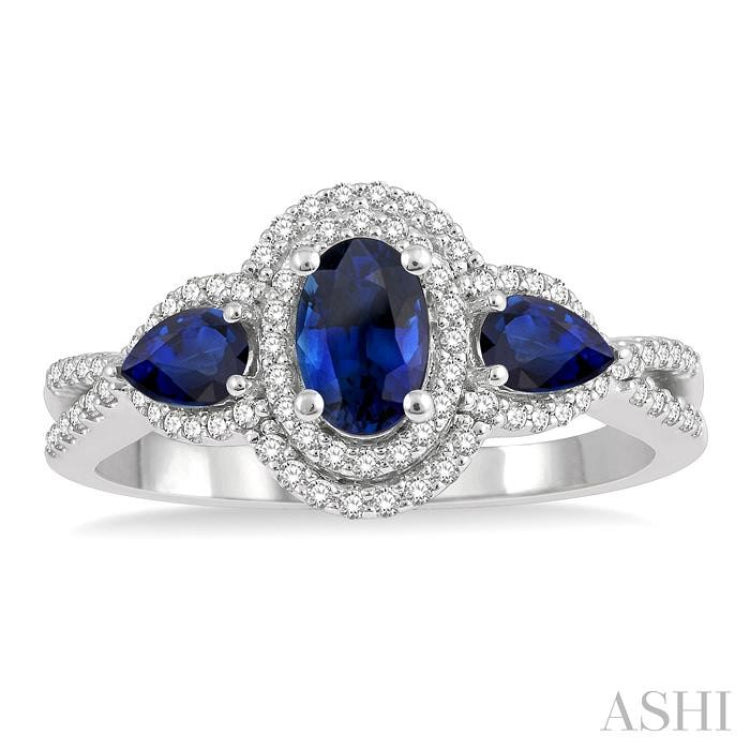 6x4MM Oval Cut and 5x3 MM Pear Cut Sapphire and 1/4 Ctw Round Cut Diamond 3-Stone Precious Ring in 10K White Gold