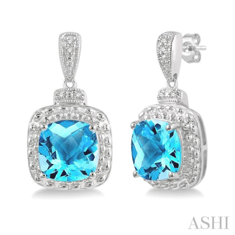 Silver Cushion Shape Gemstone & Diamond Earrings