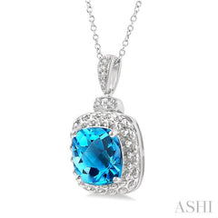 Silver Cushion Shape Gemstone & Diamond Pendant