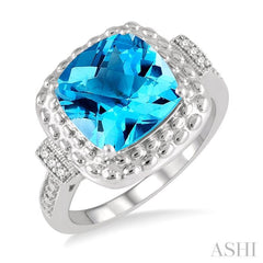 Silver Cushion Shape Gemstone & Diamond Ring