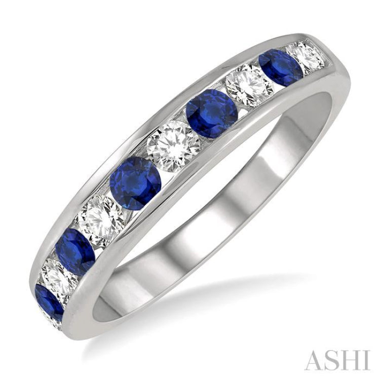 2.6 MM Sapphire and 3/8 Ctw Round Cut Diamond Precious Wedding Band in 14K White Gold