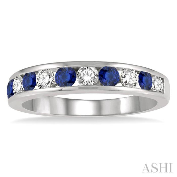 2.6 MM Sapphire and 3/8 Ctw Round Cut Diamond Precious Wedding Band in 14K White Gold