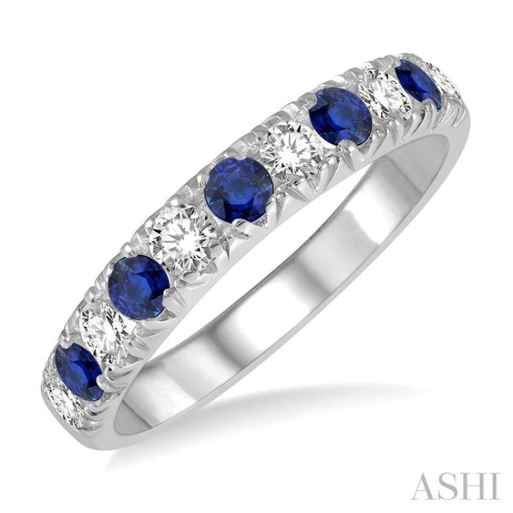 2.6 MM Sapphire and 3/8 Ctw Round Cut Diamond Precious Wedding Band in 14K White Gold