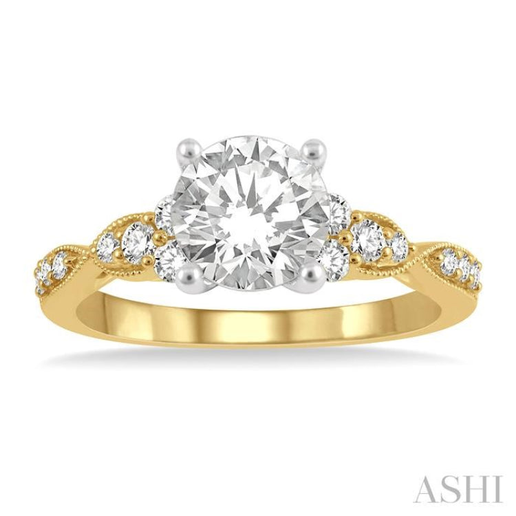1/4 Ctw Carved Shank Round Cut Diamond Semi-Mount Engagement Ring in 14K Yellow and White Gold