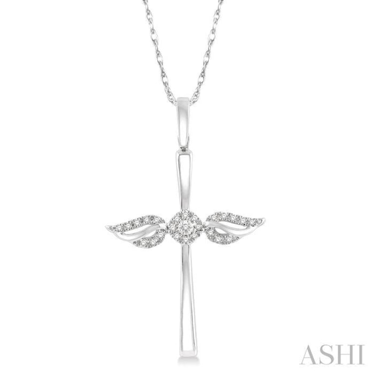 1/10 Ctw Angel Wing Round Cut Diamond Cross Petite Pendant With Chain in 10K White Gold