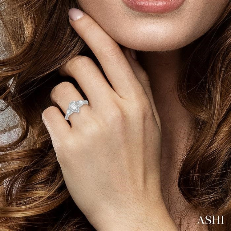1 Ctw Past Present and Future Round Cut Diamond Engagement Ring With 3/8 Ct Pear Cut Center Stone in 14K White Gold