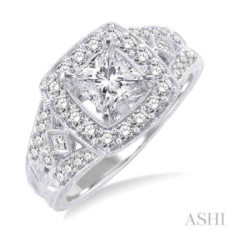 Princess Shape Semi-Mount Halo Diamond Engagement Ring