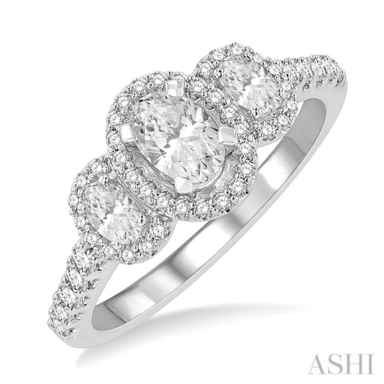 Oval Shape Past Present & Future Semi-Mount Halo Diamond Engagement Ring