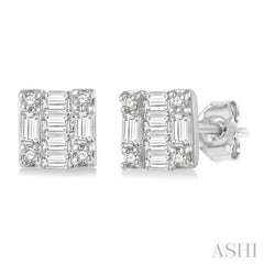 1/6 Ctw Square Shape Baguette and Round Cut Diamond Petite Fashion Earrings in 10K White Gold.