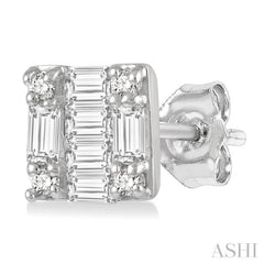 1/6 Ctw Square Shape Baguette and Round Cut Diamond Petite Fashion Earrings in 10K White Gold.
