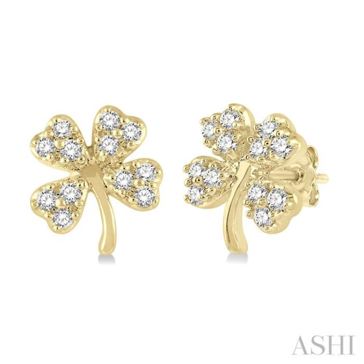 1/10 Ctw Four-Leaf Clover Round Cut Diamond Petite Fashion Earrings in 10K Yellow Gold