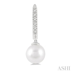 6 MM Round Shape Cultured Pearls and 1/8 Ctw Round Cut Diamond Drop Petite Huggie Earrings 14K White Gold
