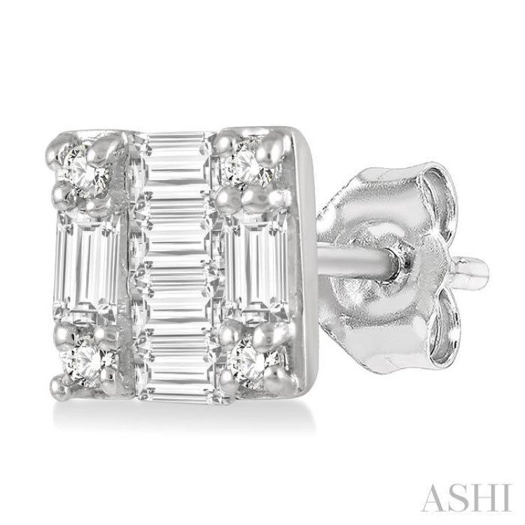 1/6 Ctw Square Shape Baguette and Round Cut Diamond Petite Fashion Earrings in 14K White Gold.
