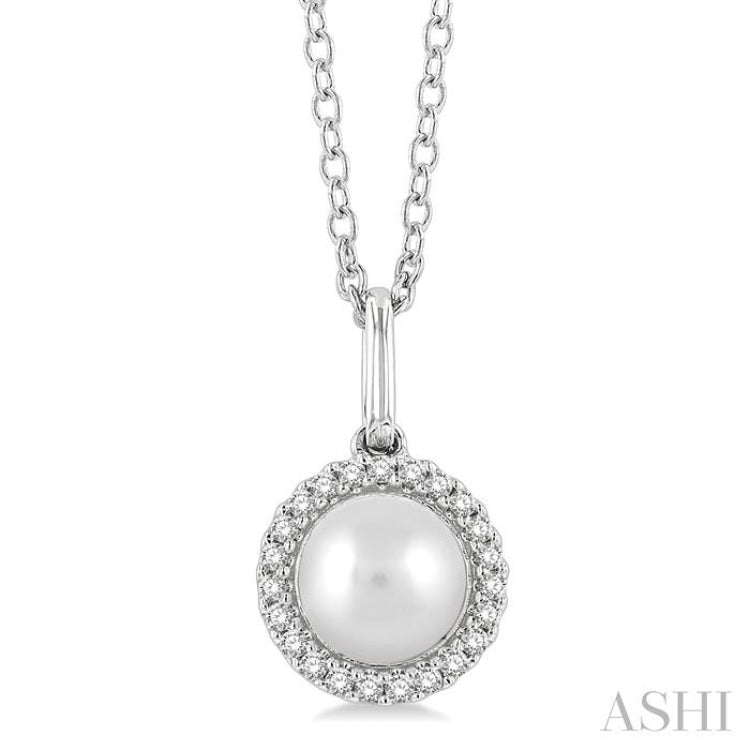 6 MM Round Shape Cultured Pearl and 1/20 Ctw Petite Round Cut Diamond Halo Fashion Pendant With Chain in 10K White Gold