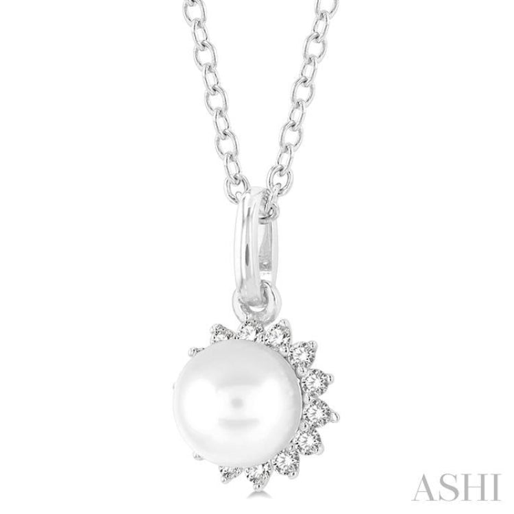 6 MM Round Shape Cultured Pearl and 1/10 Ctw Petite Round Cut Diamond Fashion Pendant With Chain in 10K White Gold