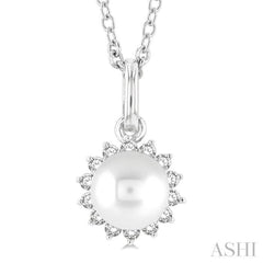6 MM Round Shape Cultured Pearl and 1/10 Ctw Petite Round Cut Diamond Fashion Pendant With Chain in 10K White Gold