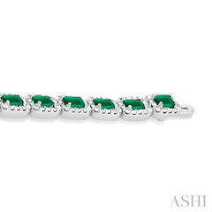 4X3 MM Emerald Cut Emerald and 2 1/5 Ctw Round Cut Diamond Halo Precious Bracelet in 14K White Gold