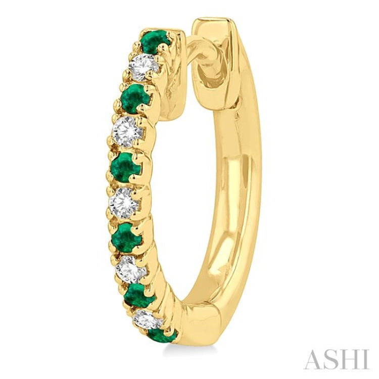 1.35 MM Round Shape Emerald and 1/10 Ctw Petite Round Cut Diamond Precious Fashion Huggies in 10K Yellow Gold