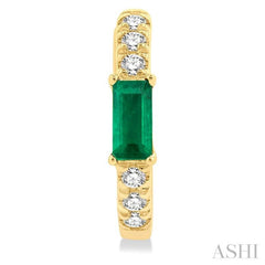 4X2 MM Baguette Cut Emerald and 1/8 Ctw Petite Round Cut Diamond Fashion Huggies in 10K Yellow Gold